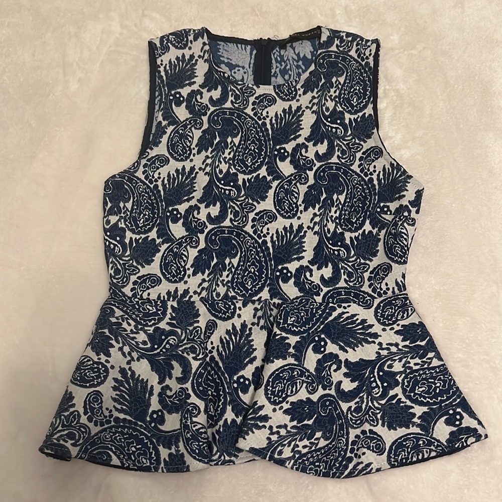 Zara Woman sleeveless peplum top, size small. Blue paisley design.